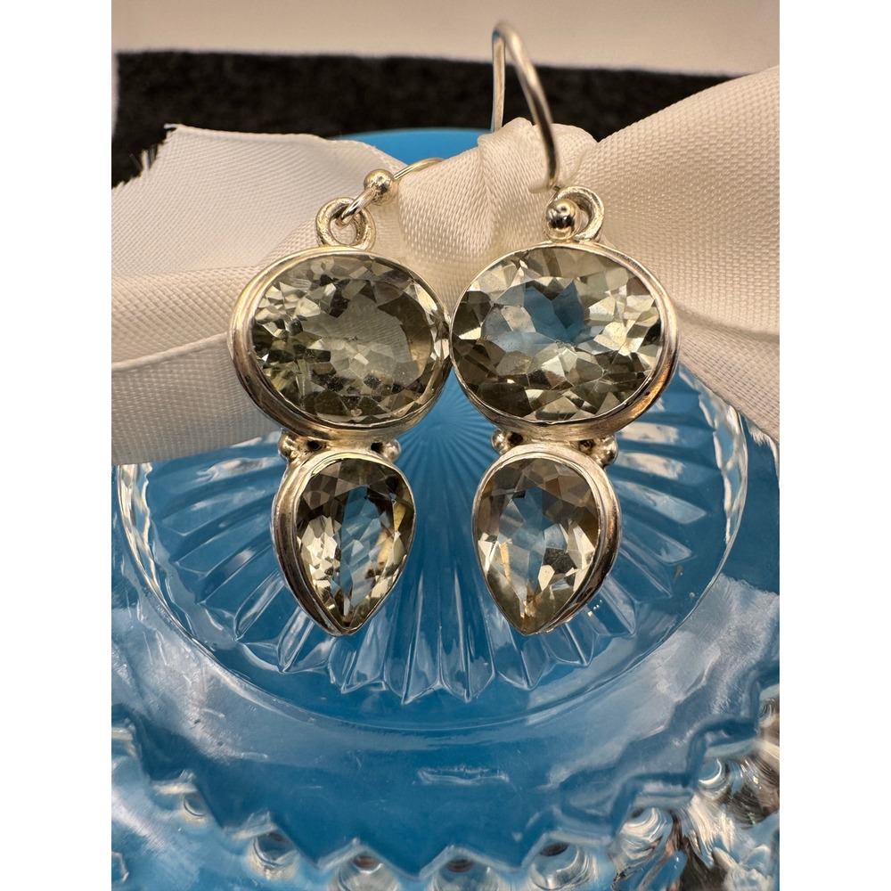 Sterling Silver Green Amethyst Oval Pear Drop Dangle Earrings